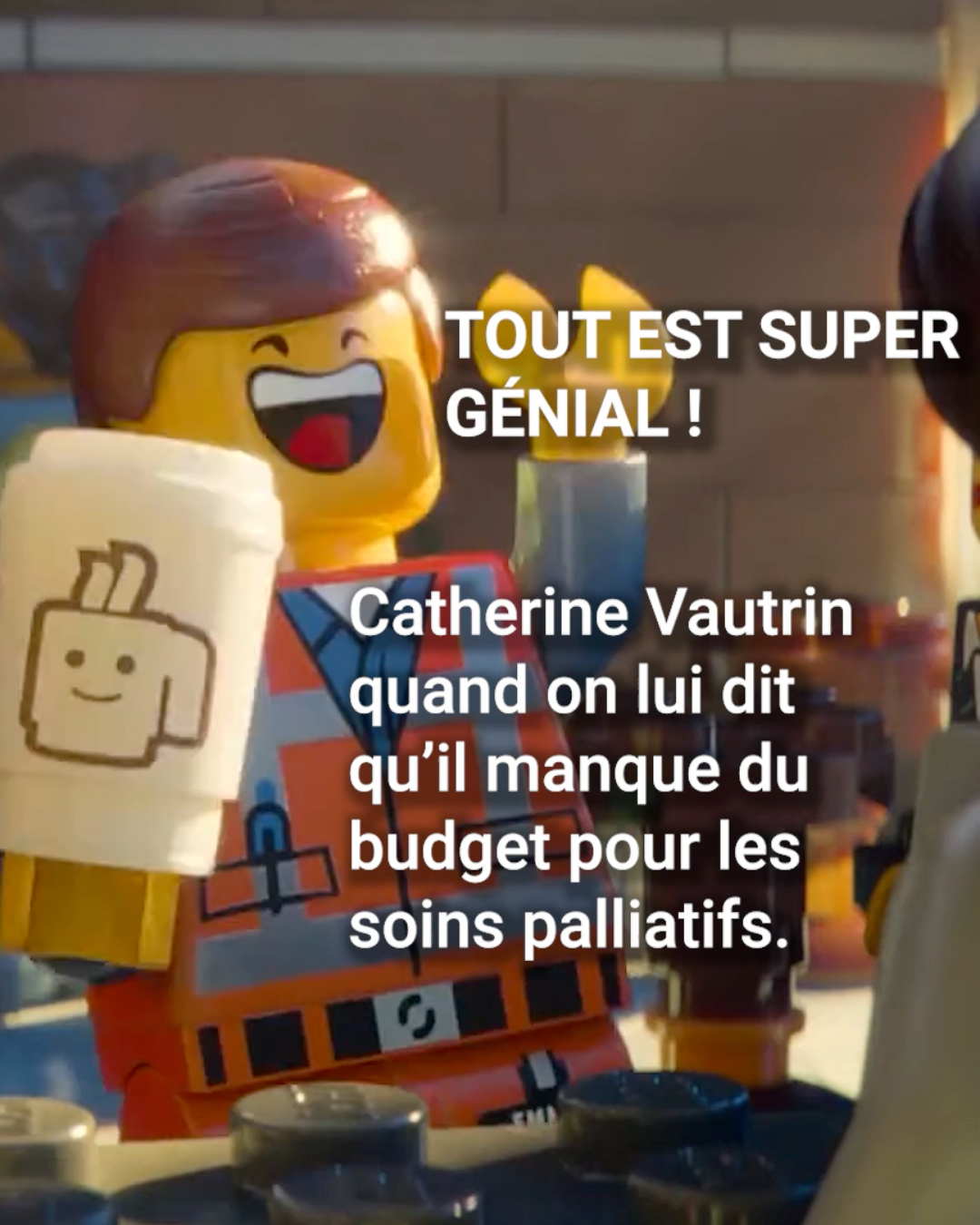 Personnage LEGO hilare qui s'exclame 'Tout est super génial !'