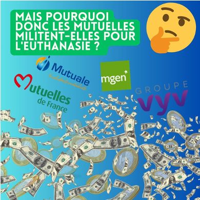 ALT: Une image montrant les logos de Mutuelles de France, MGEN, groupe Vyv et Mutuale avec la question "Mais pourquoi donc les mutuelles militent-elles pour l'euthanasie ?" sur fond de billets et de pièces.